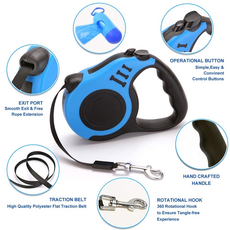 Gbivbe Retractable Dog Leash for Medium & Small Dogs & Cats - 16.5FT Tangle Free Heavy Duty Walking Leash with Anti Slip Handle, Pause & Lock Strong Nylon Tape, Blue - Image 3